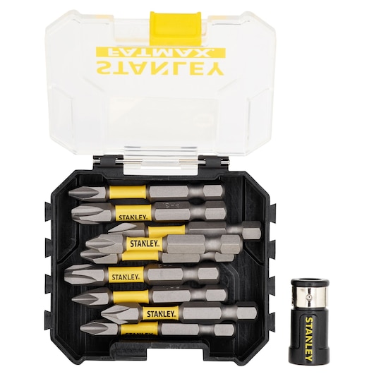 Stanley STA88564 screwdriver bit set in black and yellow case, photo from top angle with bits and adapter visible.