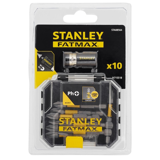 STANLEY STA88564 screwdriver bit set Fatmax, 10-piece, front angle, black and yellow packaging.