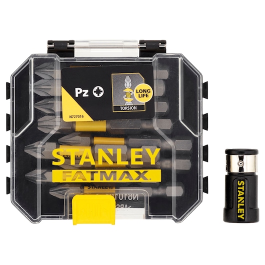 STANLEY STA88565 screwdriver bit set with transparent case and bit holder, photo from front angle.