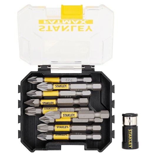 STANLEY STA88565 screwdriver bit set in black case with clear lid, yellow accents, and bit holder, top view.