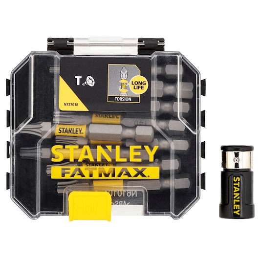 Photo of STANLEY SKU STA88566 FATMAX Torx bit set in clear plastic case with yellow accents and bit holder, front angle.