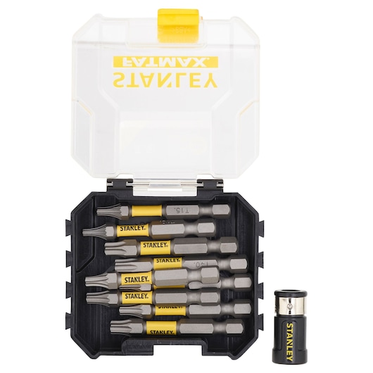 Photo of STANLEY STA88566 bit set with yellow and black screwdriver bits and a black case, shown from top view.