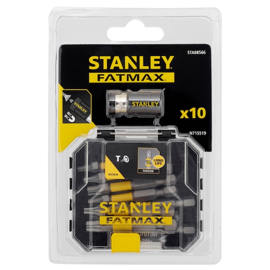 STANLEY STA88566 screwdriver bit set FATMAX, black and yellow, front view in retail packaging