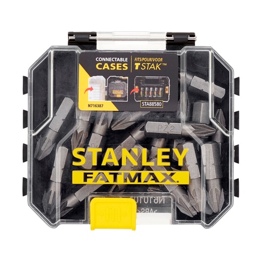 Stanley Fatmax bit set in a transparent, connectable case with yellow latch for tool organization.