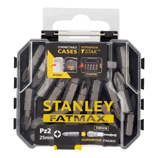 Stanley STA88567 screwdriver bit set, Fatmax series, 25mm Pz2 bits, front angle on white background.