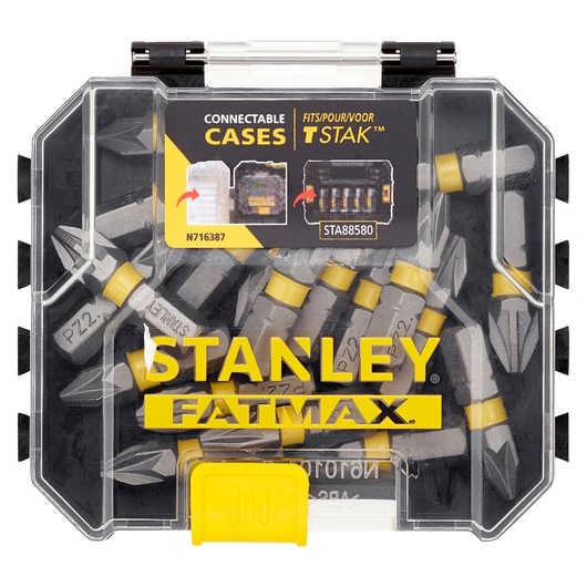 STANLEY STA88568 FATMAX screw bit set in transparent case, photo of front view with yellow latch.