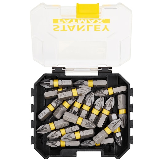 STANLEY STA88568 screwdriver bits set in black case, photo from above showing bits and clear lid.
