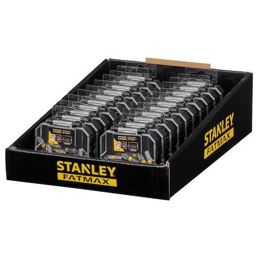 STANLEY STA88568 FATMAX compact cases display, angled view, black and yellow packaging, photography.