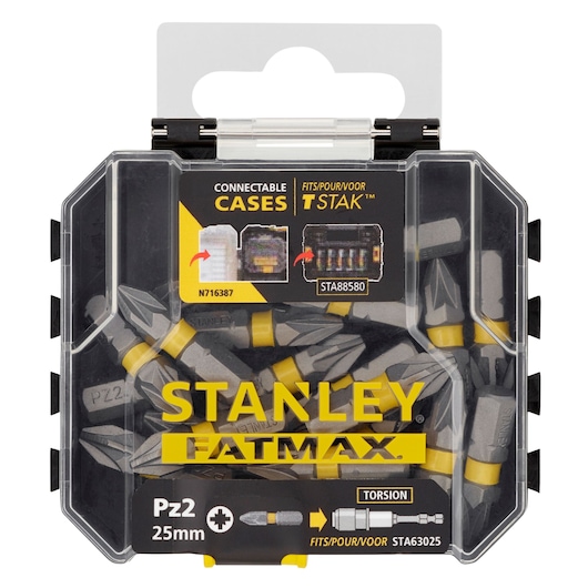 STANLEY STA88568 photography of FATMAX Pz2 25mm screwdriver bits in connectable storage case, front angle.