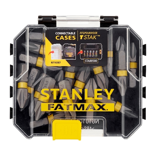 STANLEY STA88569 screwdriver bits set in clear plastic FATMAX case with yellow latch, photo from top view.