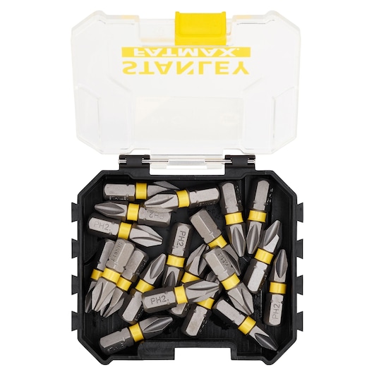 STANLEY STA88569 screwdriver bits set in black case with clear lid, top-down angle