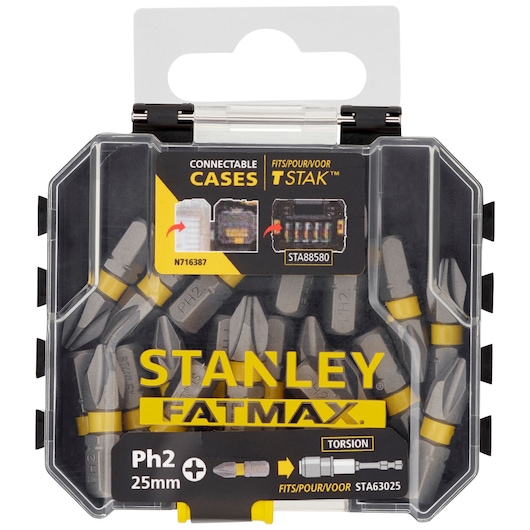STANLEY SKU STA88569 FATMAX 25mm PH2 screwdriver bits in black and clear connectable case, front angle.