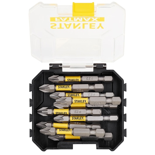 Stanley screwdriver bit set in a black case with yellow label, showing multiple bits arranged neatly.