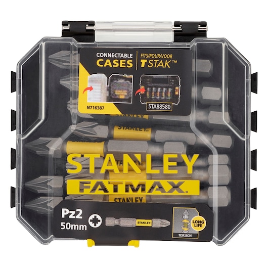 STANLEY STA88572 FATMAX bit set in clear box, front angle showing yellow branding and bit details.