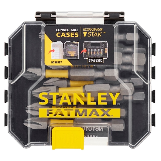 STANLEY STA88573 screwdriver bit set in clear plastic FATMAX case, front view showing assorted bits and yellow latch.