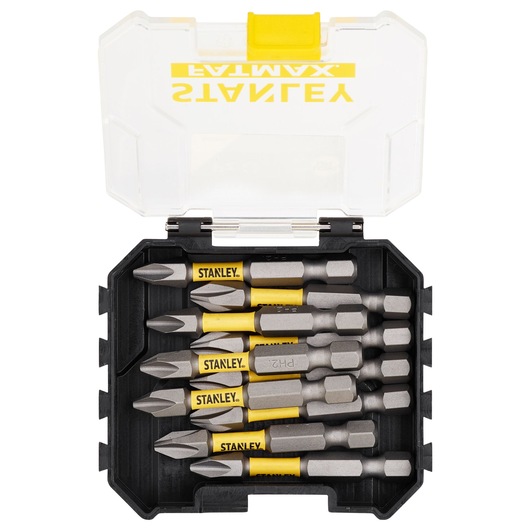 Stanley screwdriver bit set in a black case with clear lid, containing multiple bits with yellow labels.