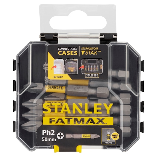 STANLEY STA88573 FATMAX screwdriver bit set in clear case, front angle, 50mm Ph2 bits visible.