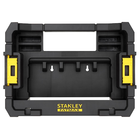 STANLEY STA88580 toolbox wall storage frame, black with yellow latches, photographed from the front on white background.