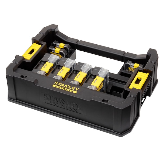 STANLEY STA88580 organizer, black and yellow compartment case, photography, angled on white background.