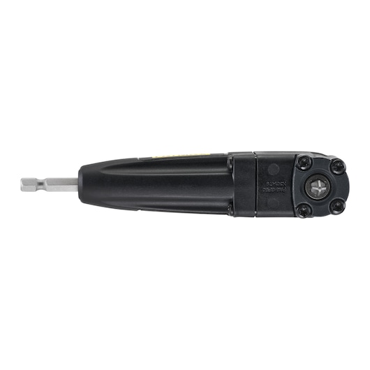 STANLEY STA88582 black right angle drill attachment, product photo from top on white background.