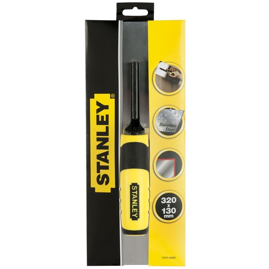 STANLEY STHT0-05900 stainless steel hand scraper in yellow and black packaging, front view.