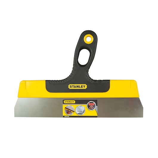 Stanley STHT0-05934 photography of yellow and black stainless steel taping knife, front view on white background.