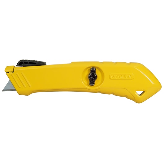 STANLEY STHT0-10193 yellow utility knife, side view, with retractable blade and black slider.