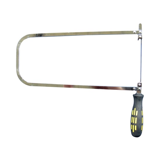 Metal coping saw with a black and yellow ergonomic handle for precise cutting tasks.