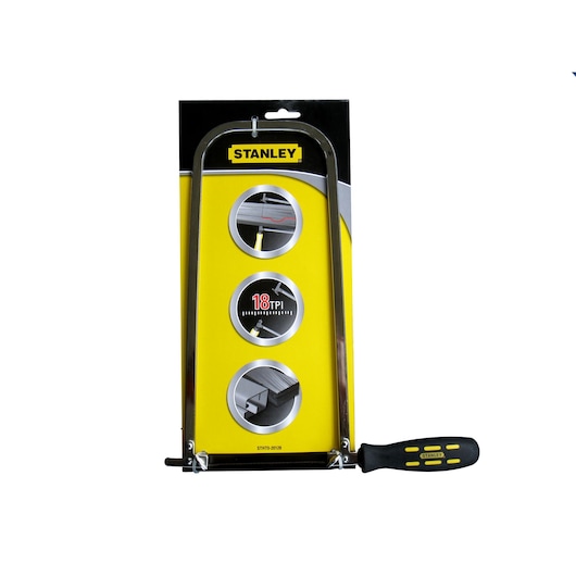 STANLEY STHT0-20128 hacksaw with black and yellow handle, front angle, in retail packaging.