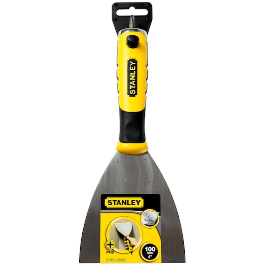 Photo of STANLEY STHT0-28000 stainless steel putty knife, yellow and black handle, front angle.