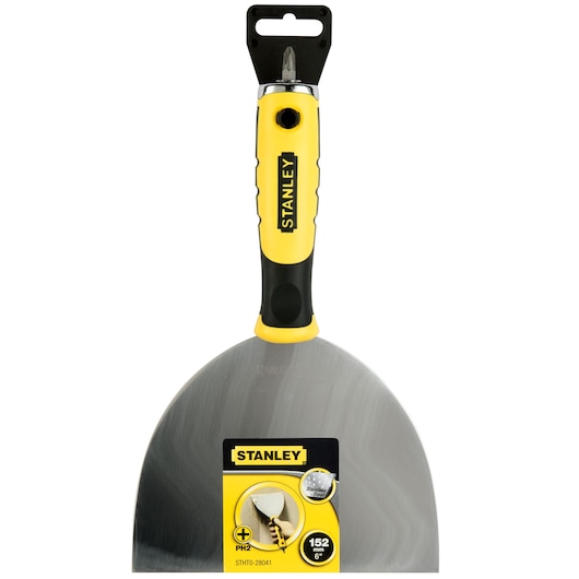 STANLEY STHT0-28041 stainless steel putty knife with yellow and black handle, front angle on white background.
