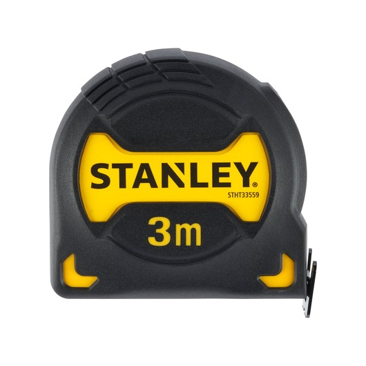 STANLEY STHT0-33559 tape measure, black and yellow, 3m, front angle on white background.