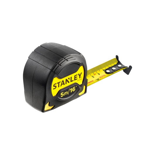 STANLEY STHT0-33568 tape measure, black and yellow, front angle, extended blade, product photo.