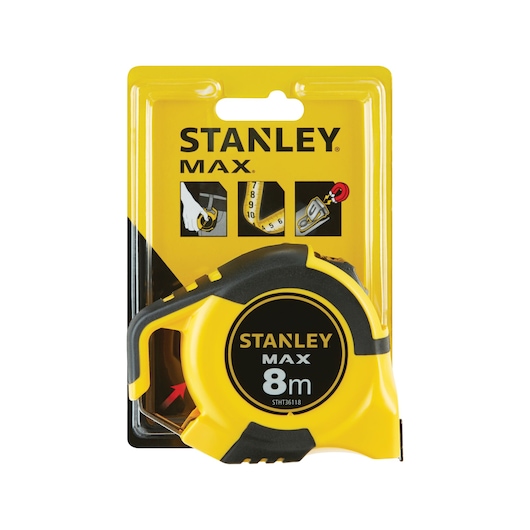Photo of STANLEY STHT0-36118 MAX 8m yellow-black tape measure in retail packaging, front angle.