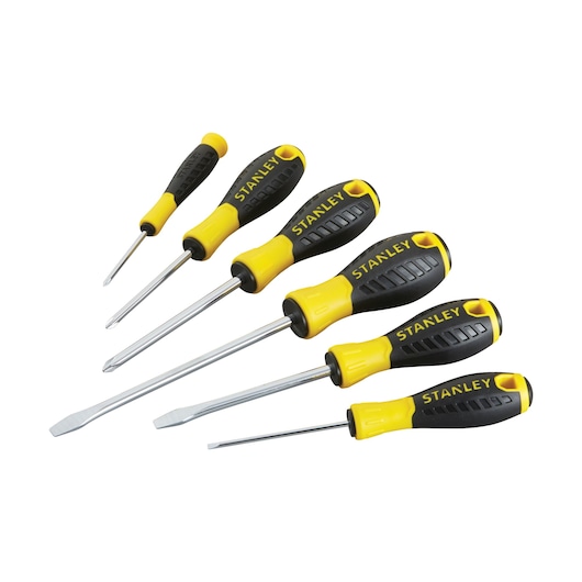 Set of six STANLEY screwdrivers with black and yellow handles, arranged in a row on a white background.
