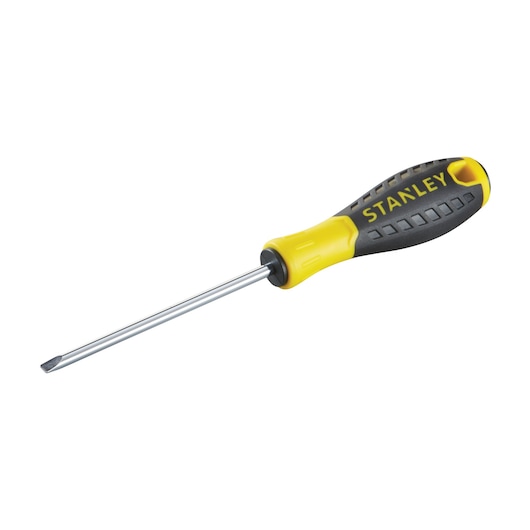Photo of STANLEY STHT0-60378 screwdriver with yellow and black handle, flat head, side angle on white background.