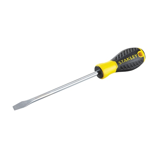 Photo of STANLEY STHT0-60427 flathead screwdriver with yellow and black handle, side angle on white background.