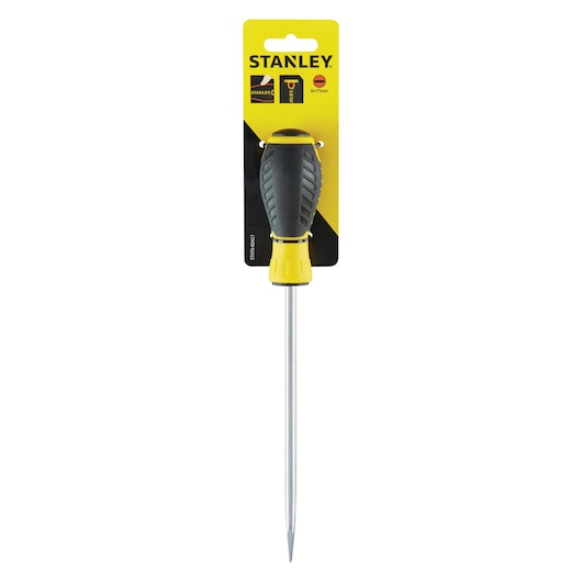 STANLEY STHT0-60427 screwdriver with black and yellow ergonomic handle, front view on white background.