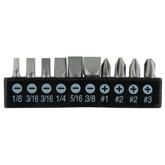 STANLEY STHT0-62113 screwdriver bit set with assorted flat and Phillips bits in black holder, front angle.