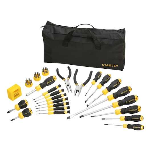 STANLEY STHT0-62114 tool set with pliers, screwdrivers, driver bits, and black carrying bag, white background, top view.