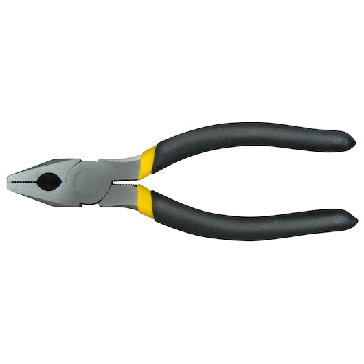 Steel pliers with black and yellow handles, displayed on a white background.