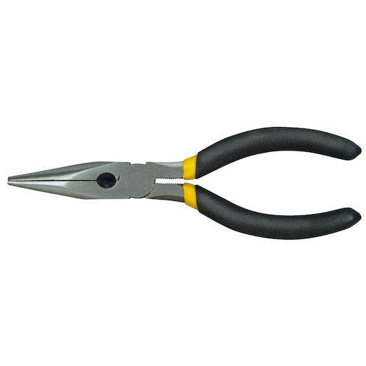 Long nose pliers with black and yellow handles shown on a white background.