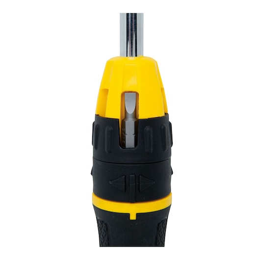 STANLEY STHT0-62574 screwdriver front view, yellow and black handle with bit storage.
