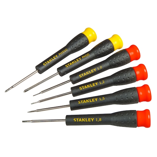 STANLEY STHT0-62631 precision screwdriver set, black handles with colored ends, top view.