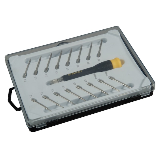 Photo of STANLEY STHT0-62633 precision screwdriver set with multiple bits in a transparent plastic case, angled view.