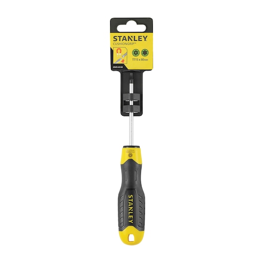 STANLEY STHT0-65149 CushionGrip T15 x 80mm screwdriver, black and yellow handle, front angle, photography.