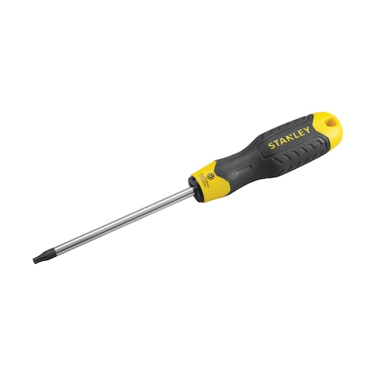 STANLEY STHT0-65151 black and yellow Phillips screwdriver, side angle, ergonomic handle, white background.