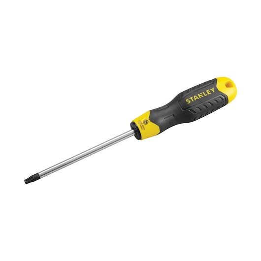 Stanley black and yellow Phillips screwdriver with ergonomic handle and metal shaft on white background.