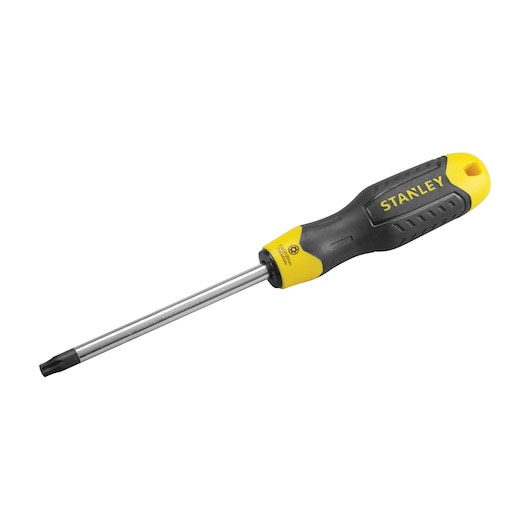Stanley screwdriver with yellow and black handle and a long metal shaft, shown isolated on a white background.