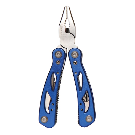 STANLEY STHT0-70648 blue multi-tool pliers, photographed from the front on white background.
